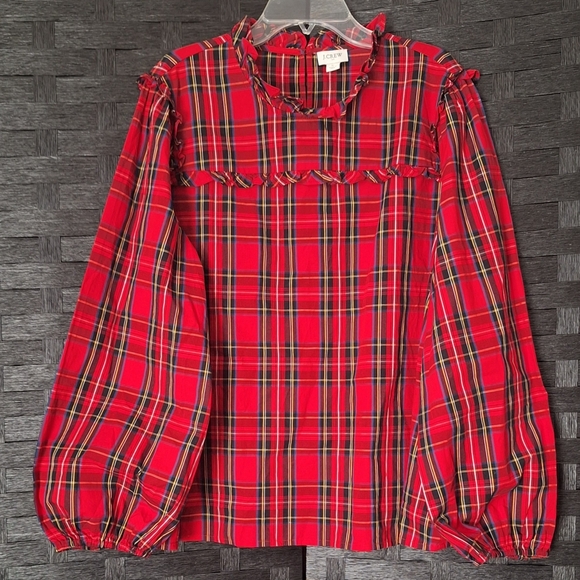 J. Crew | Women's Red Tartan Plaid Ruffle Neck Blouson Sleeve Top - Picture 4 of 16